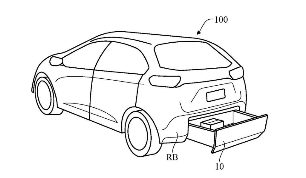 A black outlined rendering of a car with a rear bumper drawer pulled out