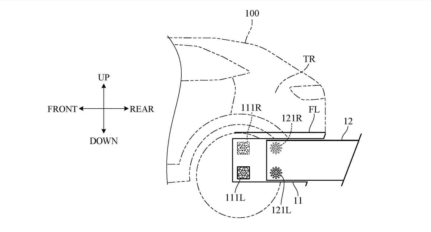 A left side profile view of a dotted outline of Honda's rear bumper stowage system patent published in 2024