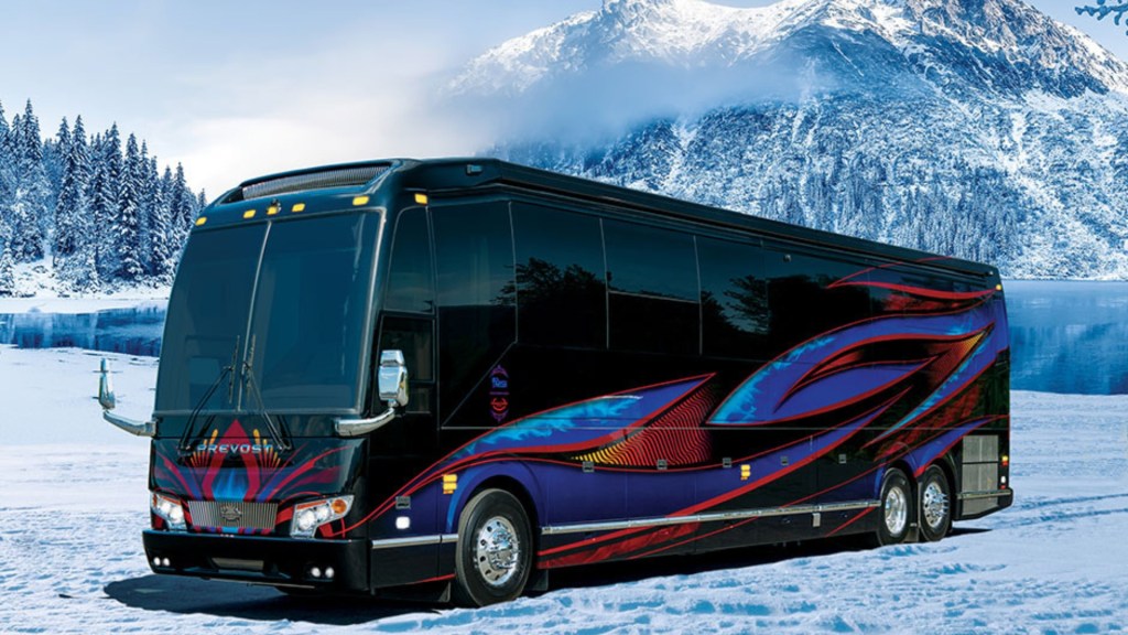 A large Provost RV parked in the snow