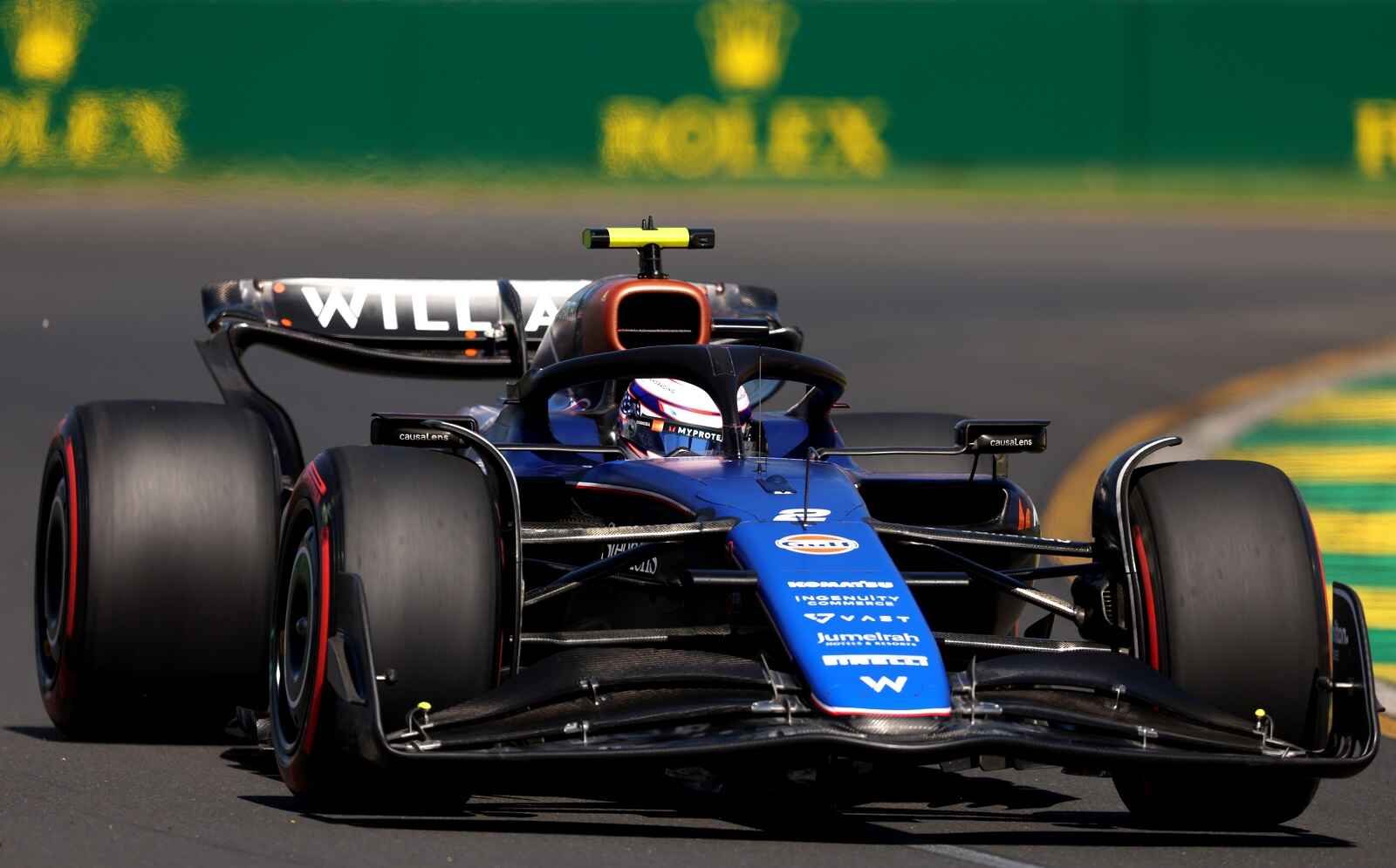 Williams F1 car, the FW46, on the track in right front angle view
