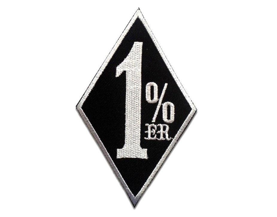 Black motorcycle patch with why "1%er" lettering.
