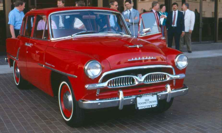 A red 1958 Toyopet Crown was the first American-marketed Toyota passenger car
