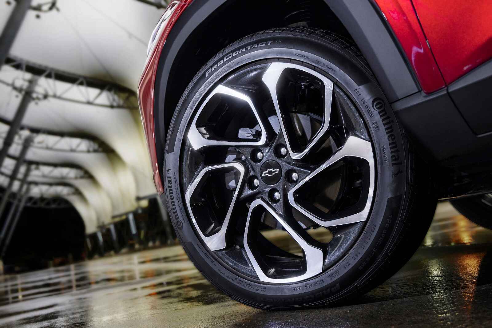 A 2024 Chevrolet Trax compact SUV left front wheel shown in close view