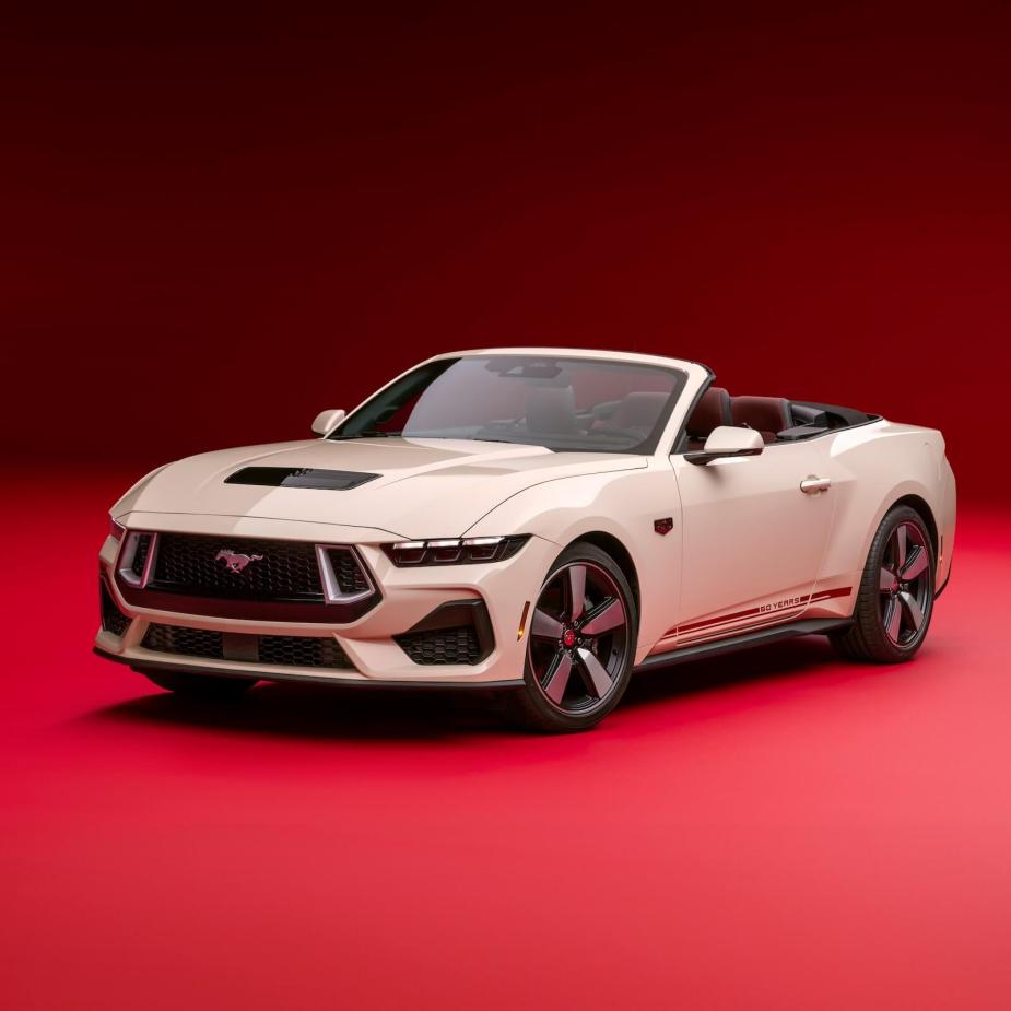 The 2025 Ford Mustang GT Convertible with the 60th Anniversary Edition appearance package from the front.