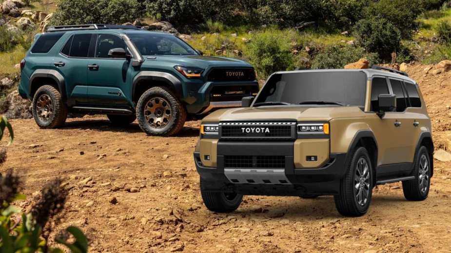2025 Toyota 4Runner and 2024 Toyota Land Cruiser posed on a dirt hill.
