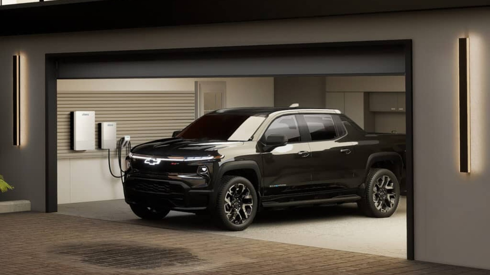 Chevy Silverado EV plugged inot a V2H systme in a garage.