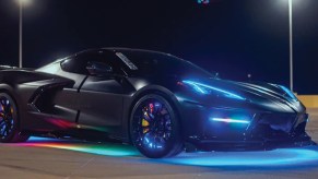 Custom Corvette sports car with underbody lighting.
