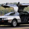 DeLorean DMC-12 posed with the gullwing doors open.
