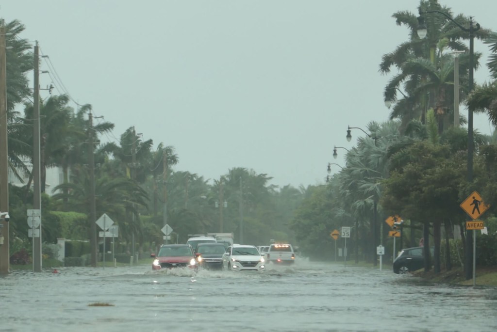 A group of Florida motorists drive through flood waters. 