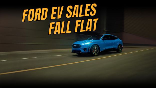 A graphic shows a person driving a Ford Mustang Mach-E with news about Ford EV sales.