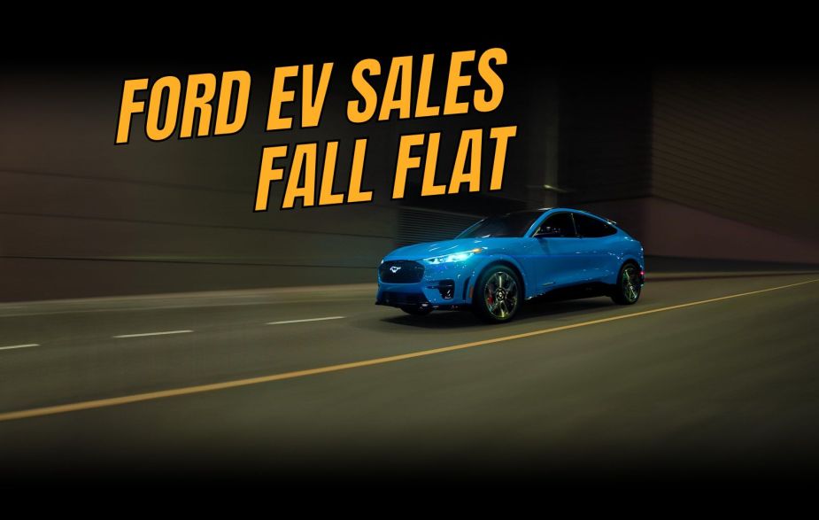 A graphic shows a person driving a Ford Mustang Mach-E with news about Ford EV sales.