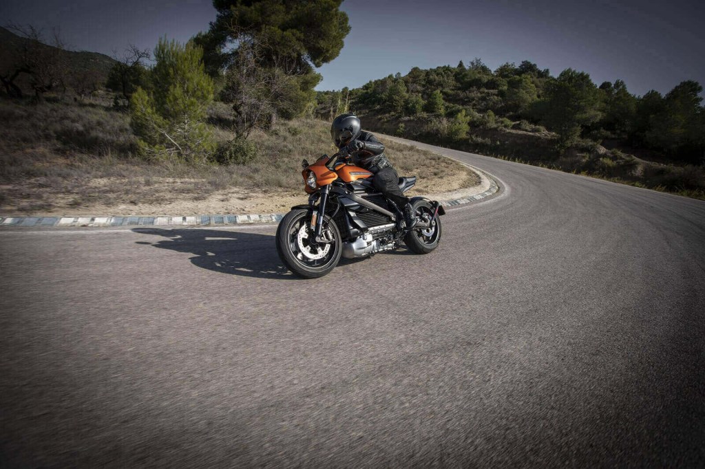 A rider takes a corner on his Harley-Davidson LiveWire.
