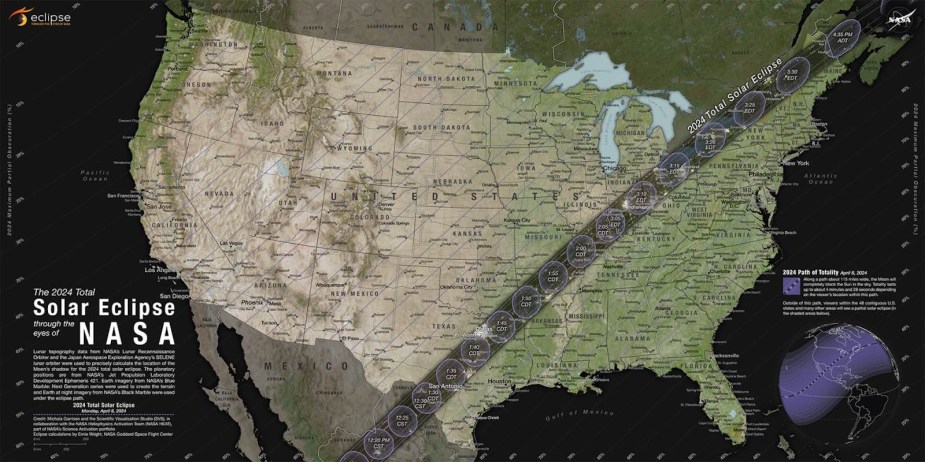 Map of the path of totality of the solar eclipse of the U.S. in April 2024.