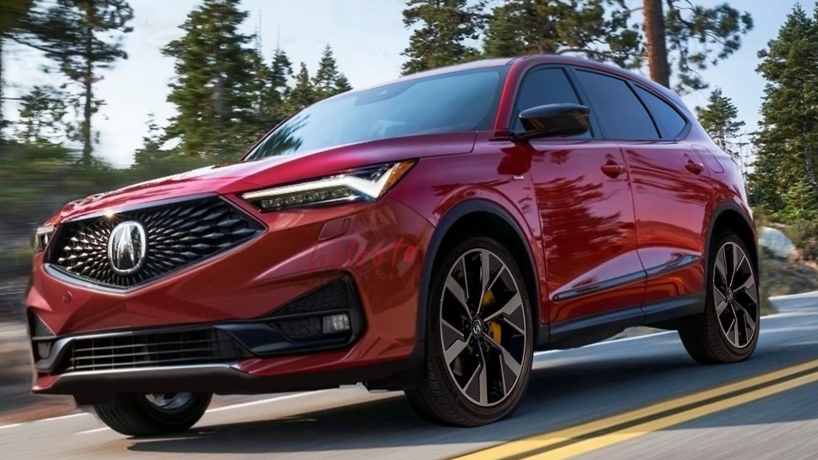Red Acura MDX midsize luxury SUV driving on a road.