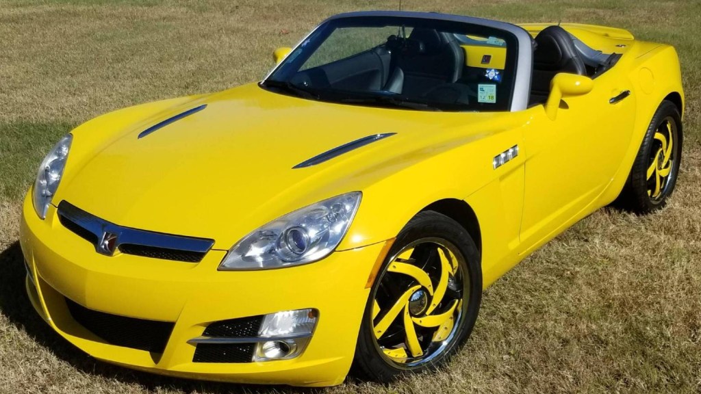 Yellow Saturn Sky posed on a lawn.