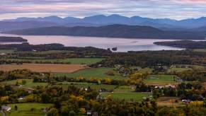 View of Lake Champlain and Vermont farm land from above