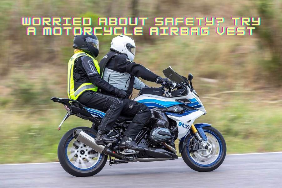 A set of riders use motorcycle airbag vests to stay safe on their bike.