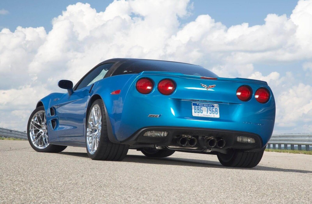 A Chevrolet Corvette Z06 ZR1 shows off its rear-end styling. 