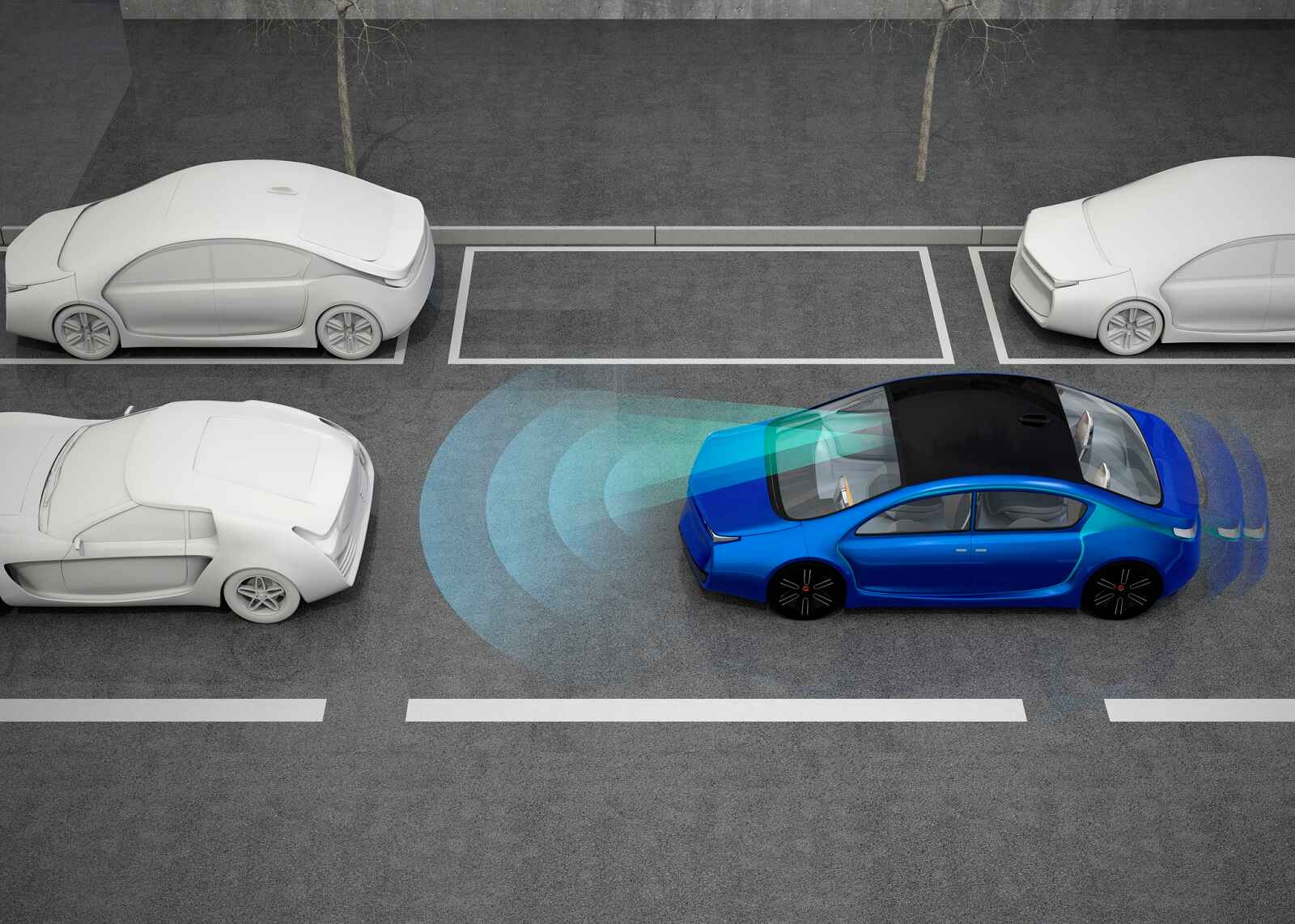 AEB automatic emergency braking rendering of a blue car using radar to detect surrounding cars