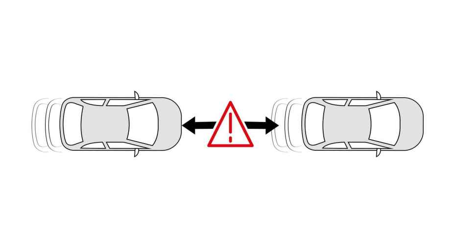 An diagram outlining two cars in an AEB system in aerial view with a red hazard triangle between them and black arrows pointing toward each car