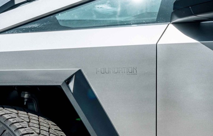 A close view of a Tesla Cybertruck Foundation Series left fender