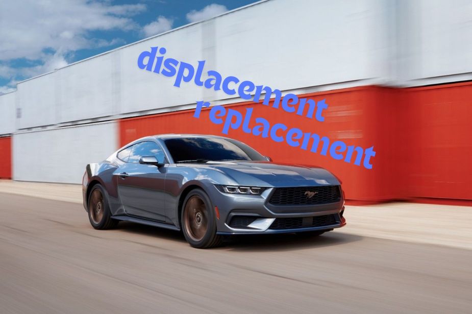 A 2024 Ford Mustang EcoBoost drives through a harbor with a graphic indicating it will outmuscle older V8 Mustangs.