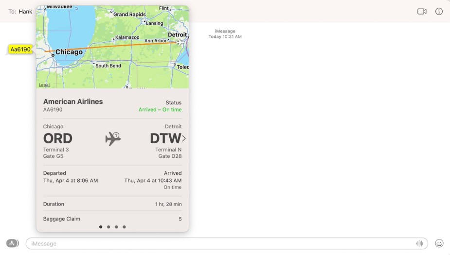 Screenshot of an iMessage flight information feature on a mac computer.