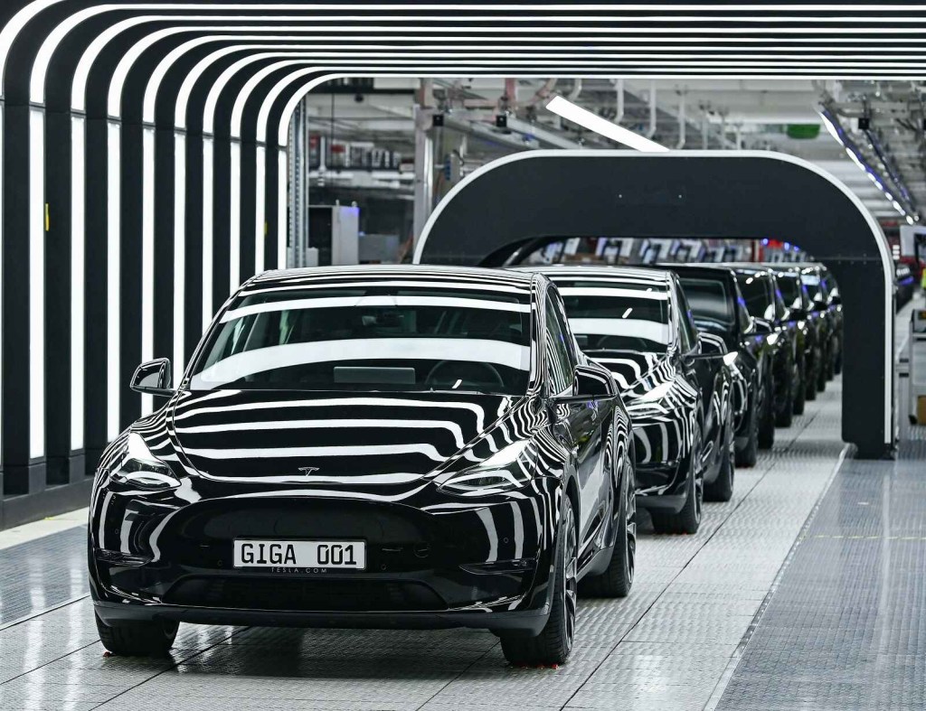 Line of black Tesla cars at the Gigafactory in Germany