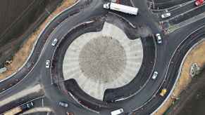 An aerial view of the turbo roundabout in San Benito County, California at highway intersection SR 25/156