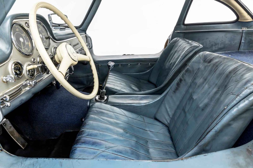 The blue leather upholstery of a 1955 Mercedes-Benz 300SL Gullwing