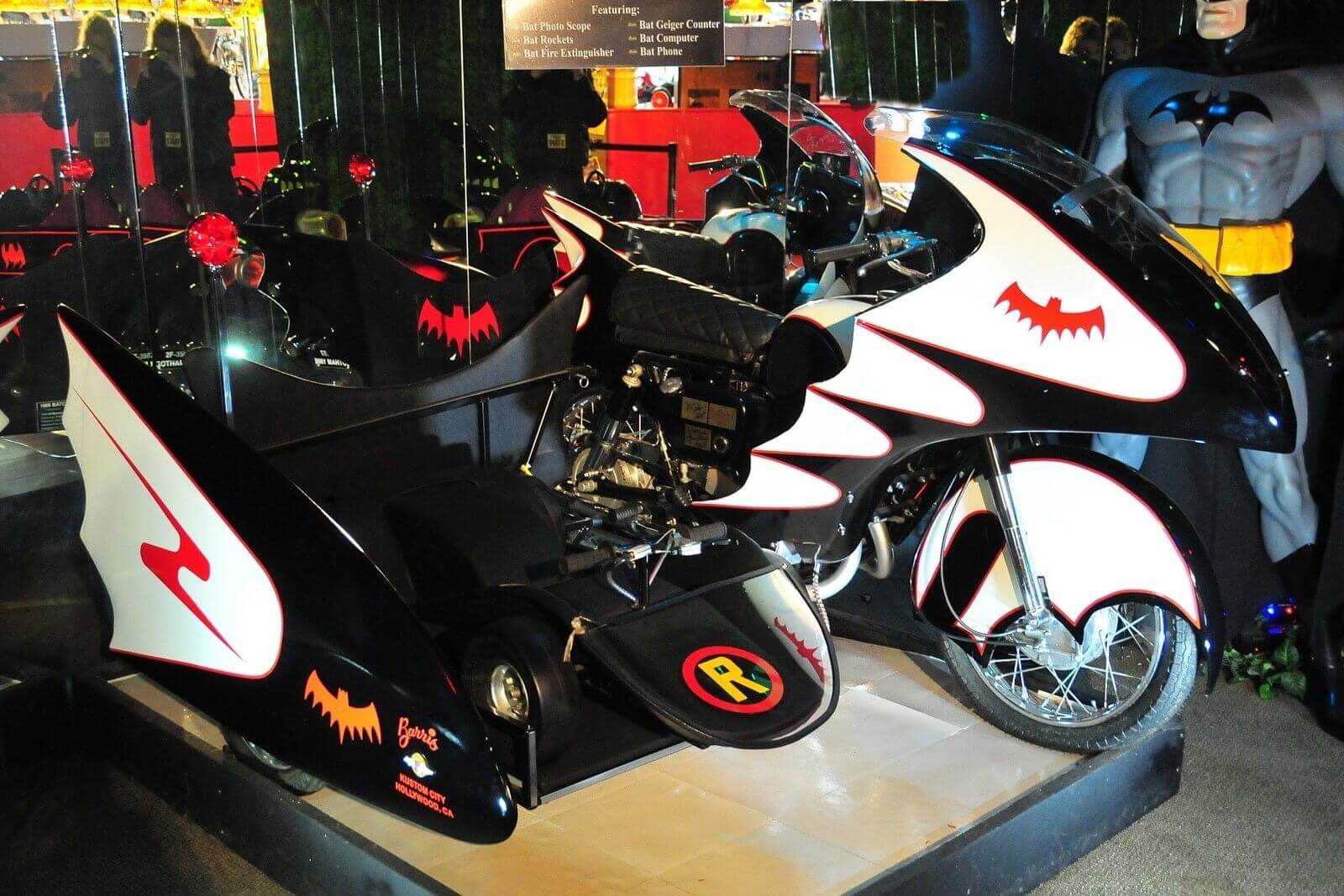 A 'Batcycle' sidecar motorcycle like the model Batman rode in the 1960s.