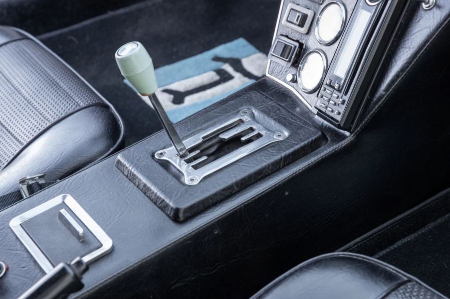 The black interior of a 1972 De Tomaso Pantera classic Italian supercar.