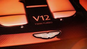 A twin-turbocharged V12 engine in an Aston Martin as a teaser image.