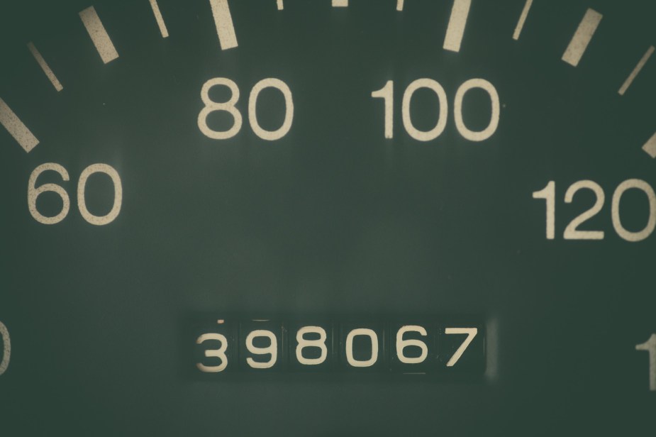The odometer of a high mileage car