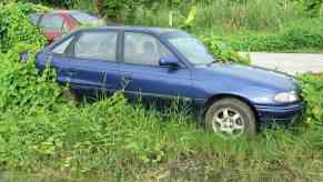 A blue sedan abandoned in a field, grass and other plants growing up past it.