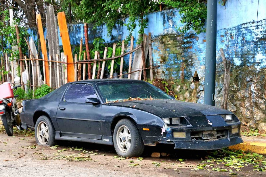 Old Chevrolet Camaro abandoned on the streets of Mexico, covered in leaves