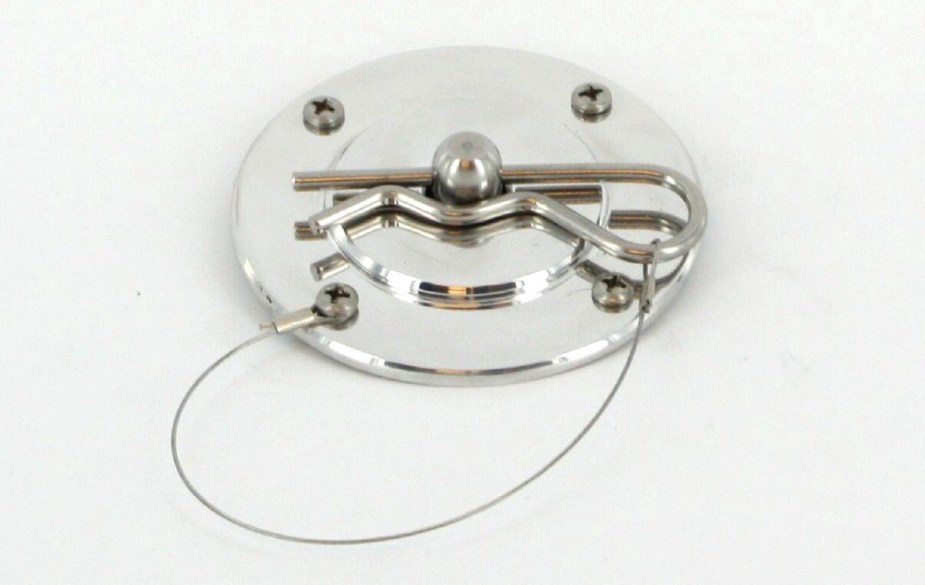 Closeup of a chrome hood pin assembly