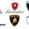 A series of badges shows the history of the Lamborghini logo.