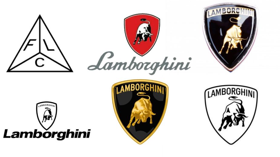 A series of badges shows the history of the Lamborghini logo.