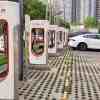 A row of Tesla superchargers in Beijing