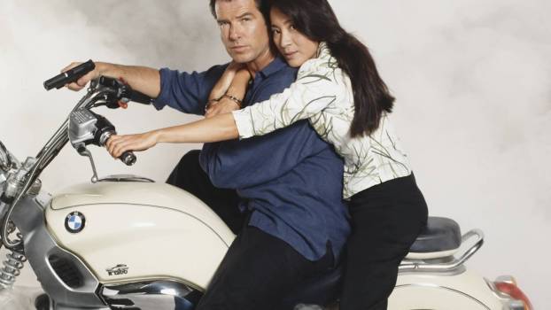Pierce Brosnan and Michelle Yeoh on a BMW R1200C motorcycle from the James Bond film 'Tomorrow Never Dies'.