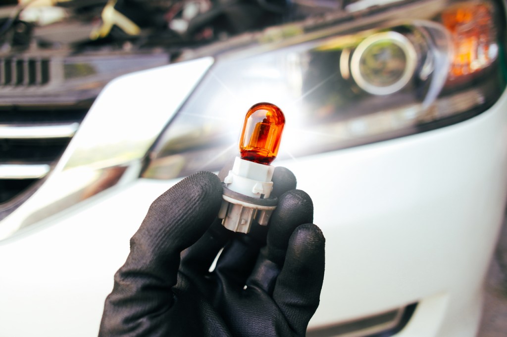 A mechanic holding a turn signal bulb