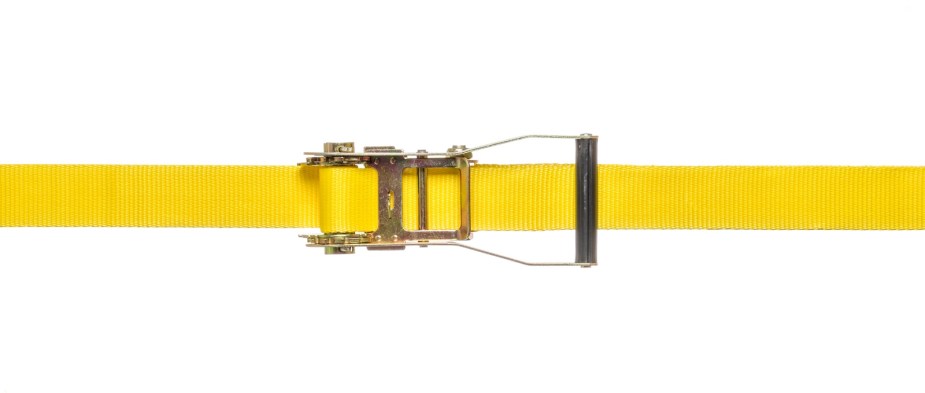 A bright yellow ratchet strap with a metal ratchet mechanism, on a white background.