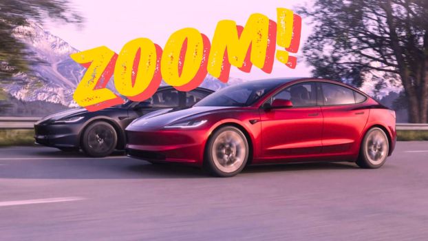 A pair of new 2024 Tesla Model 3 Performance EVs drive on a mountain road under a graphic.