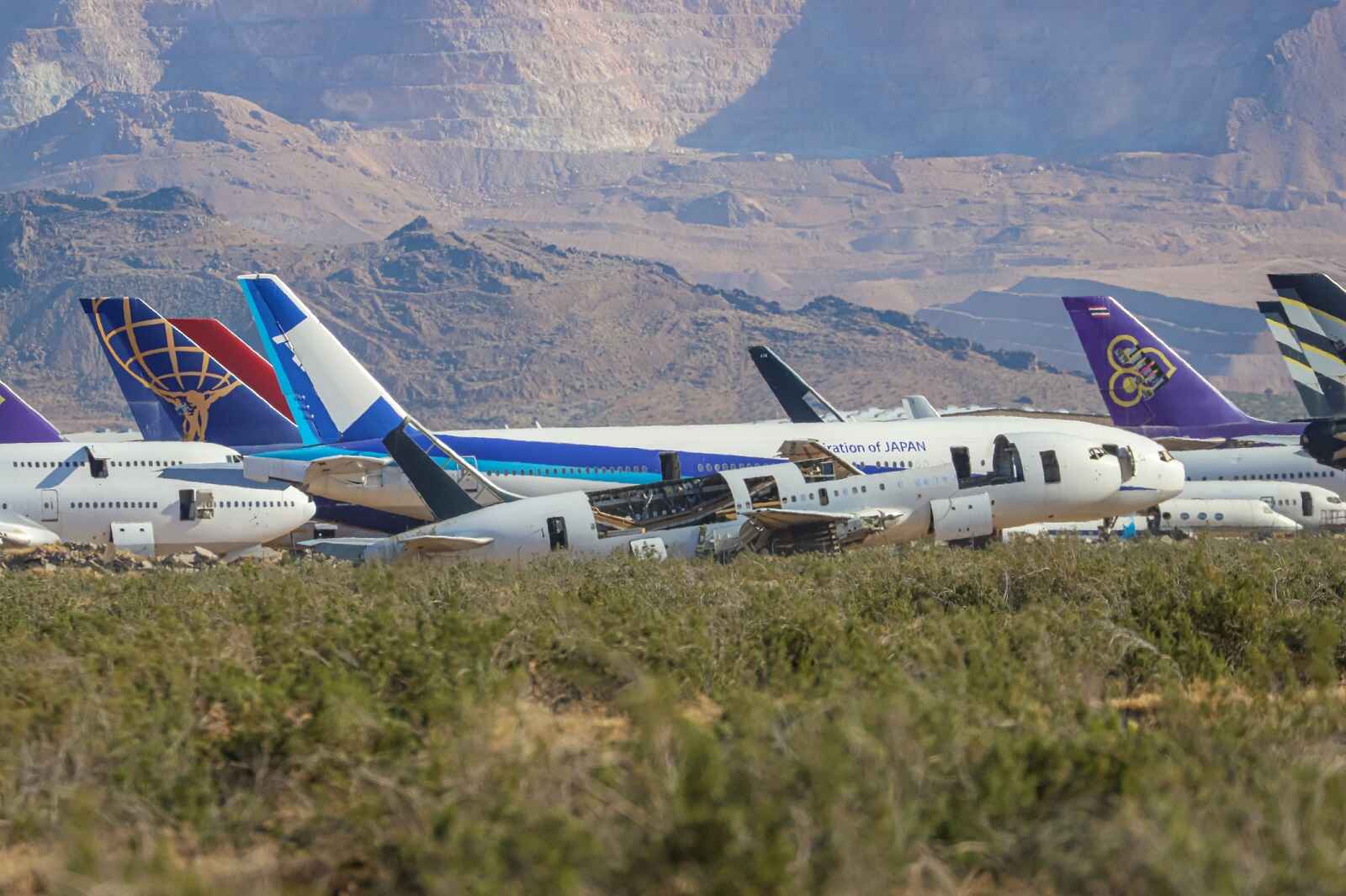 Scrapped aircraft sit at the Mojave Air Space Port Bone Yard