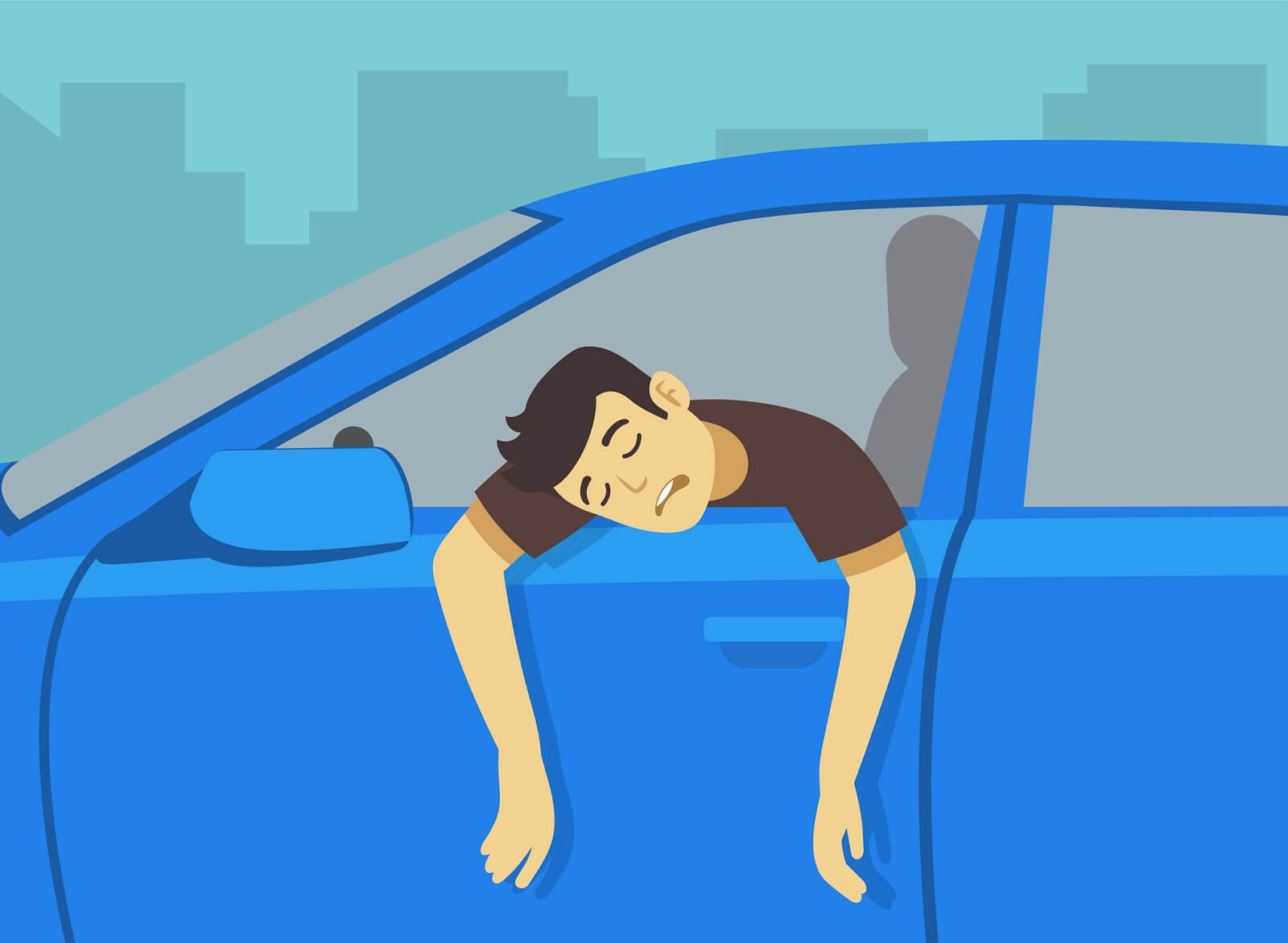 Illustration of man with dark hair and shirt hanging out of blue car window sad tired