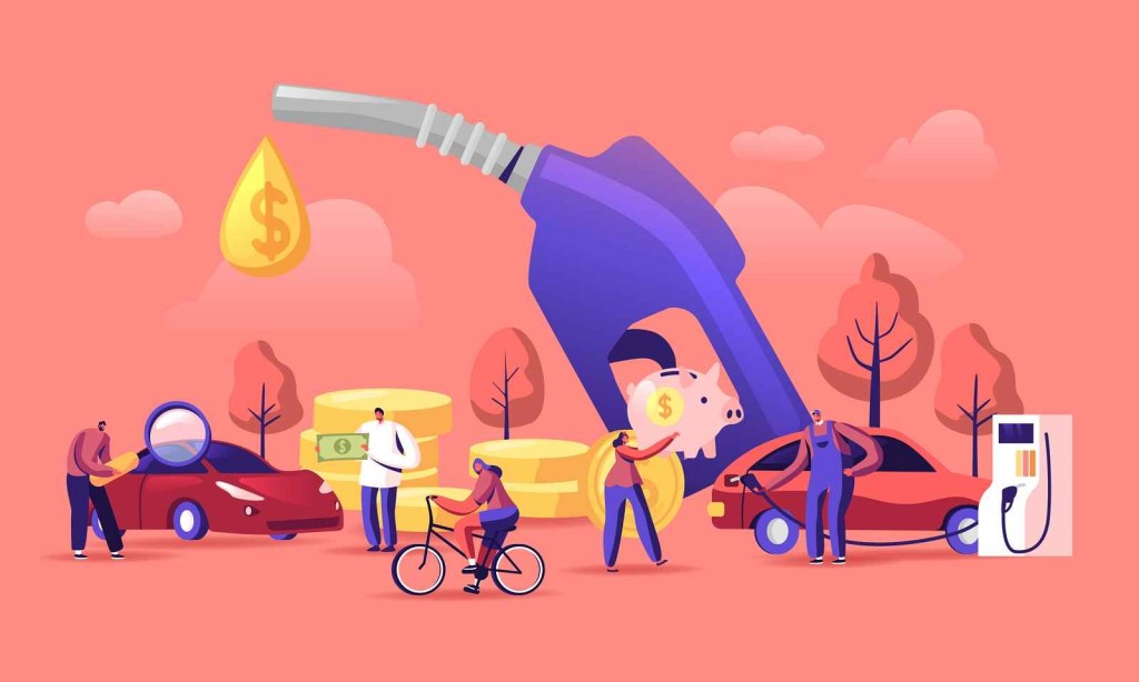 An illustration of a large blue fuel pump with a drip containing a dollar sign and people and red cars underneath