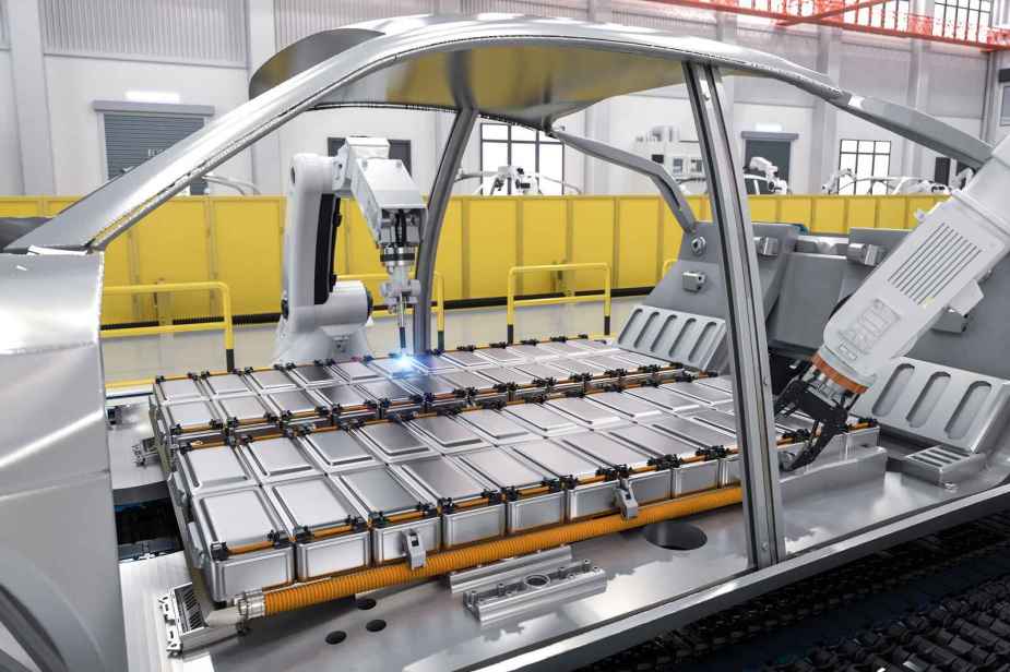 3D rendering of an EV battery being installed in a car frame in a factory production line