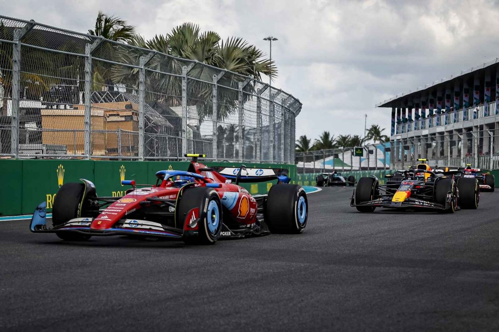 A view of two F1 cars racing in the 2024 F1 Miami GP