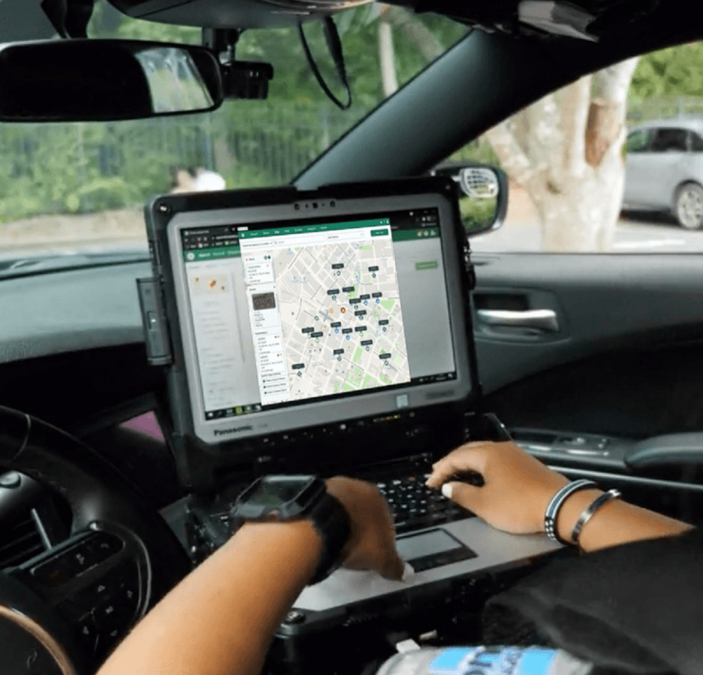 Flock Safety's law enforcement monitoring map feature shown on a police officer's in-cruiser laptop